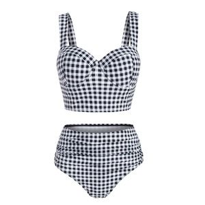 Gingham Side Boning Push Up Ruched bikini NWT